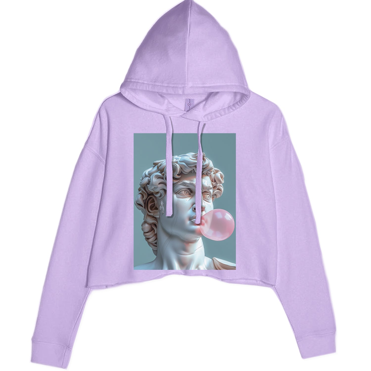 Michelangelo's David with Bubble Gum Contemporary Statue Art Cropped Hoodie Sweatshirt Lavender