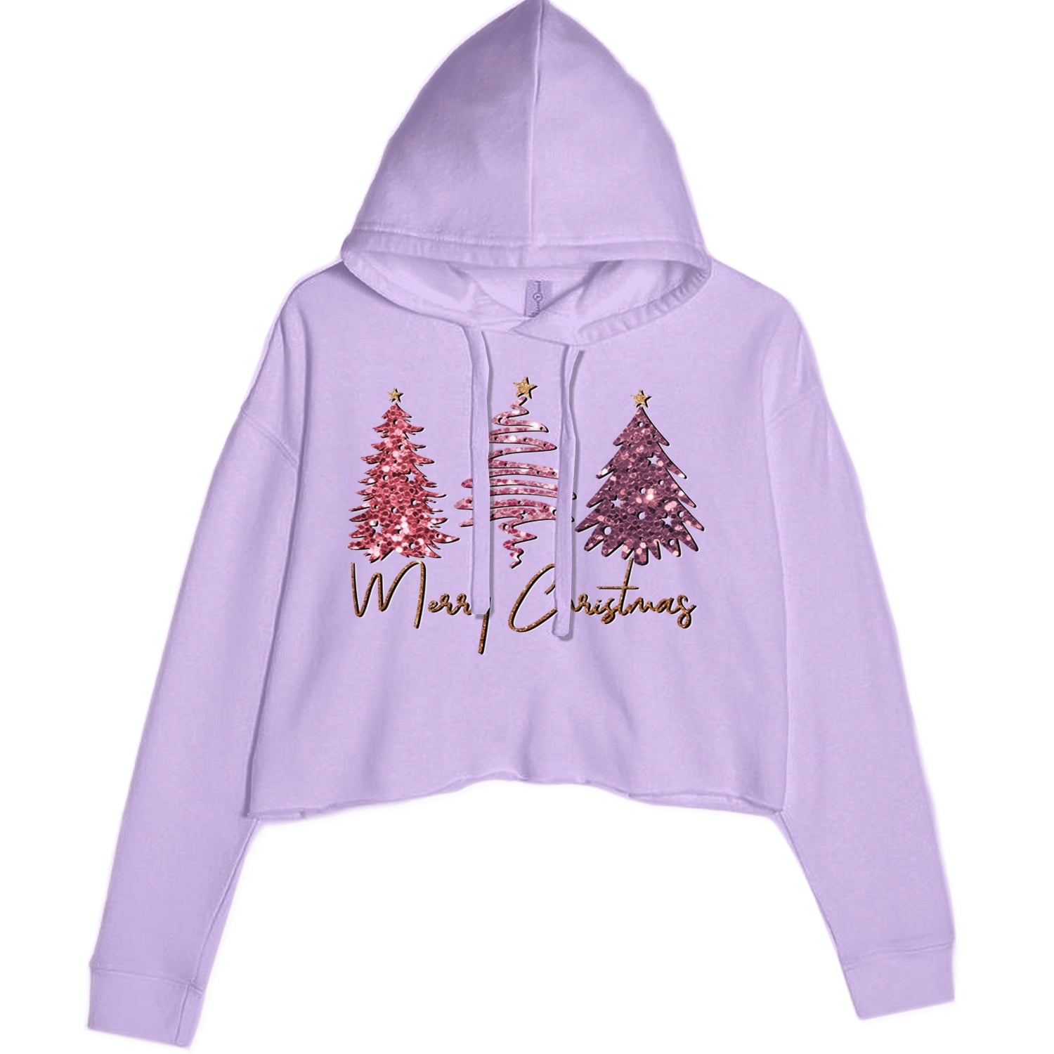 Merry Christmas Faux Glitter Trees Cropped Hoodie Sweatshirt Lavender