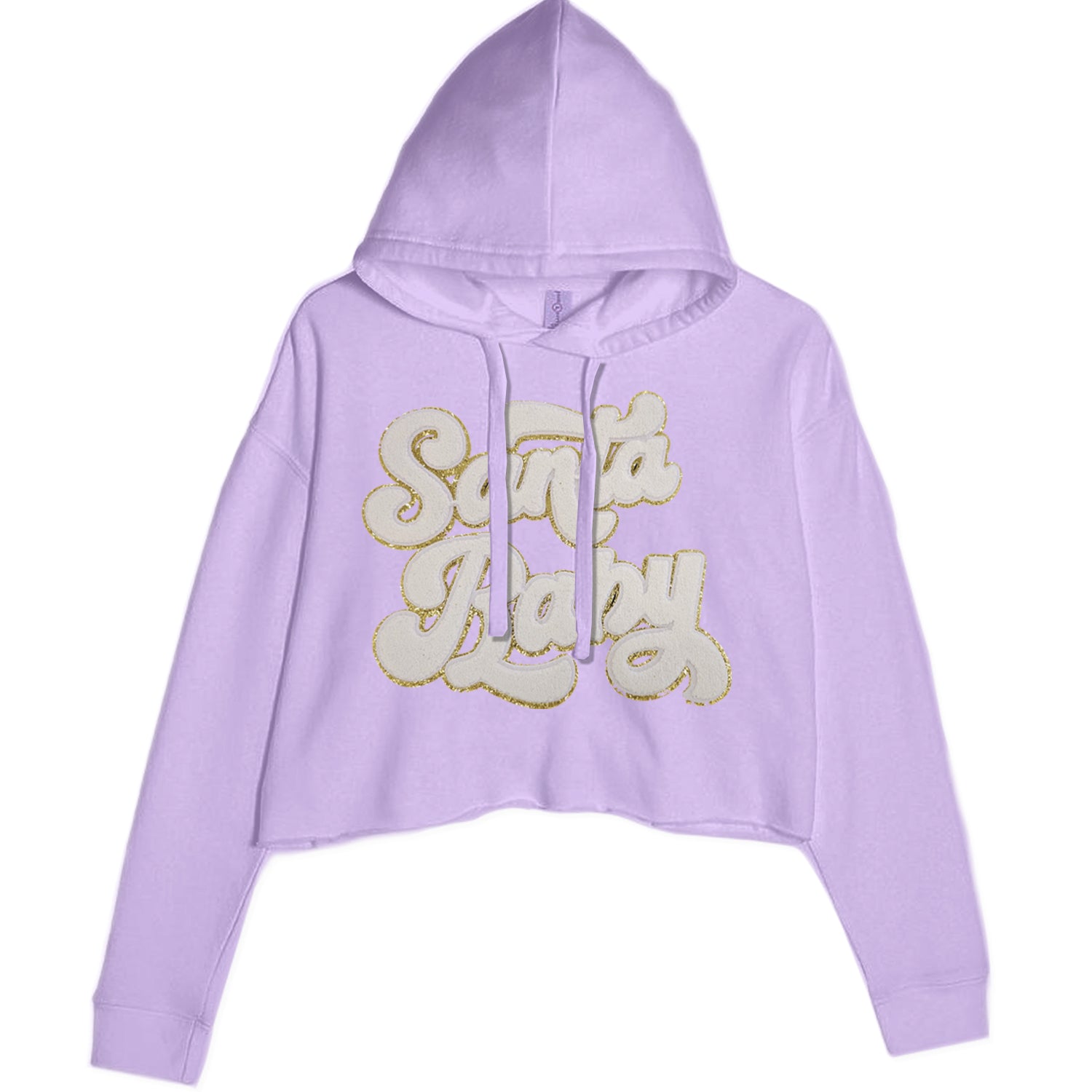 White Santa Baby Chenille Patch Cropped Hoodie Sweatshirt Lavender