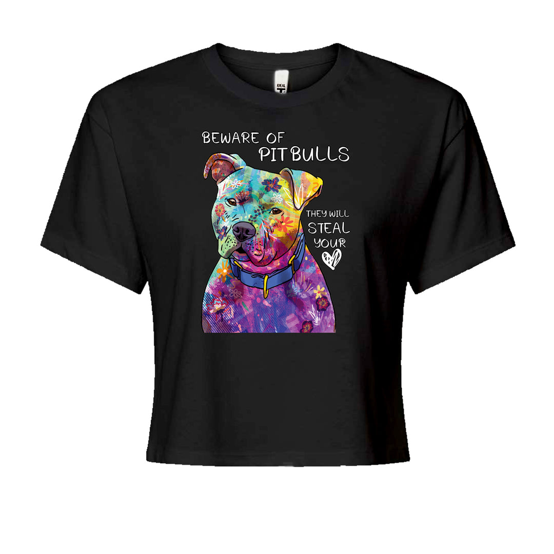 Watercolor pit bull portrait with heart-stealing warning text on a Women's Boxy Crop T-Shirt
