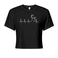 Women's boxy crop T-shirt with a heartbeat line that rises into a buck silhouette with antlers