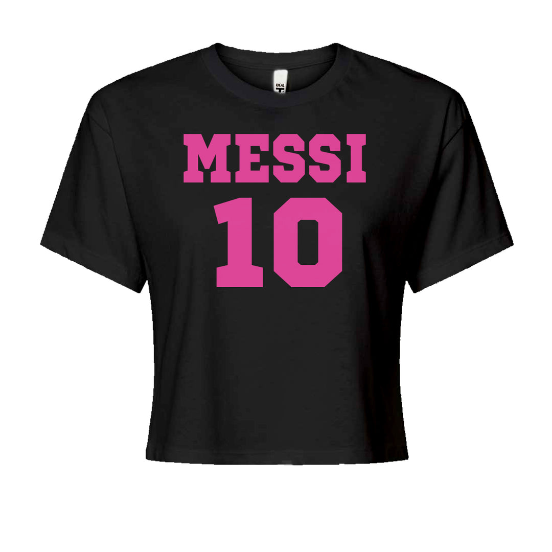 Women's Boxy Crop T-Shirt with bold jersey-style "MESSI" text and large "10" graphic