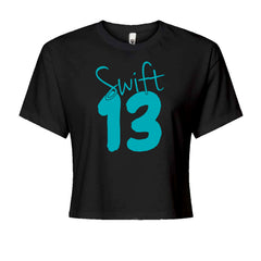 Women's boxy crop T-shirt with a large 13 graphic and script text across the number