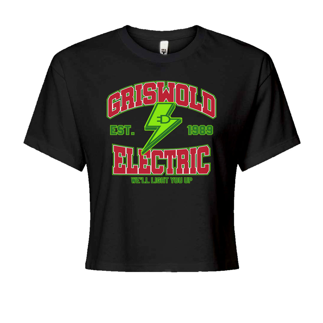 Griswold Electric We'll Light You Up retro electric-company holiday lights graphic on a women's boxy crop T-shirt