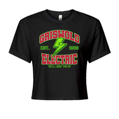 Griswold Electric We'll Light You Up retro electric-company holiday lights graphic on a women's boxy crop T-shirt