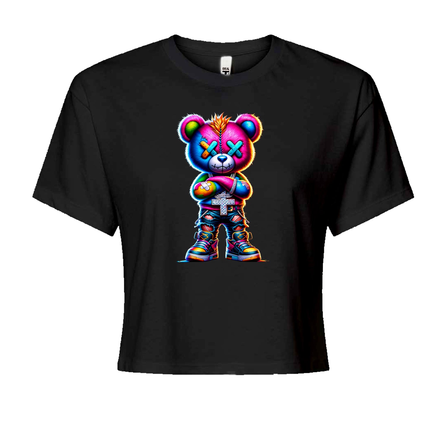 Stitched Neon Urban Graffiti BearCropped T-Shirt Black
