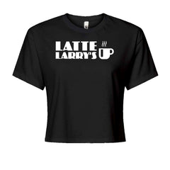 Latte Larry's coffee cup and bold cafe-sign lettering printed on a Women's Boxy Crop T-Shirt