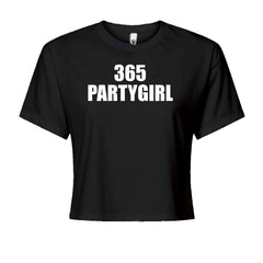 Women's boxy crop T-shirt with bold "365 PARTY GIRL" text graphic on the front