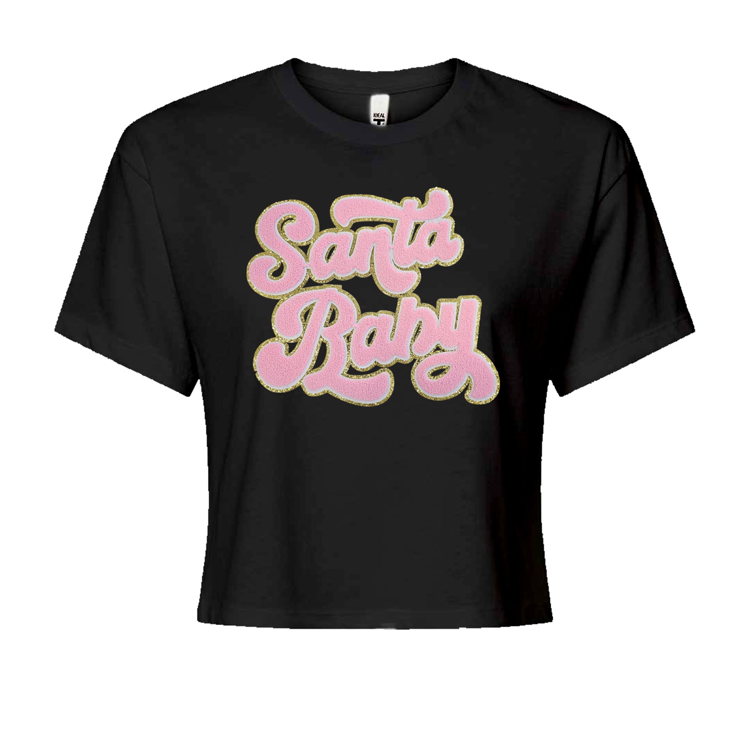 Pink Santa Baby Chenille PatchCropped T-Shirt Black