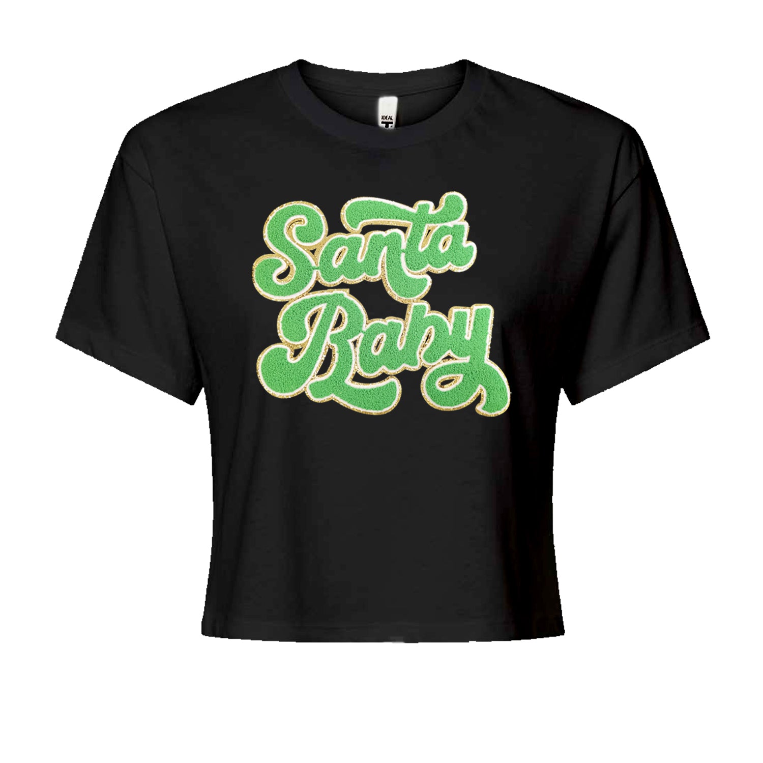 Green Santa Baby Chenille PatchCropped T-Shirt Black