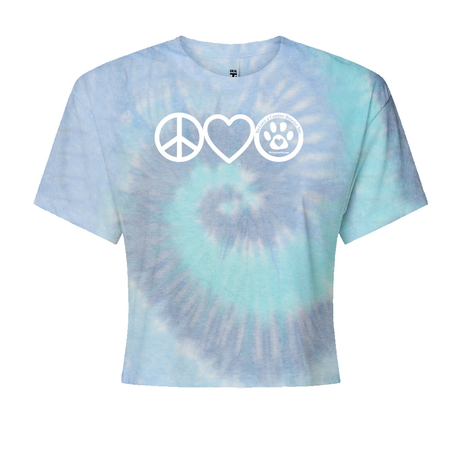 Peace, Love and TLC Dog Rescue Cropped T-Shirt Blue Clouds