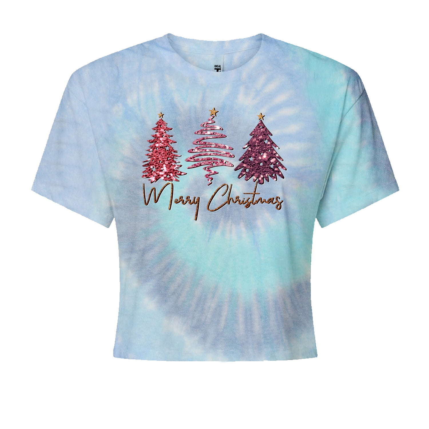 Merry Christmas Faux Glitter TreesCropped T-Shirt Blue Clouds