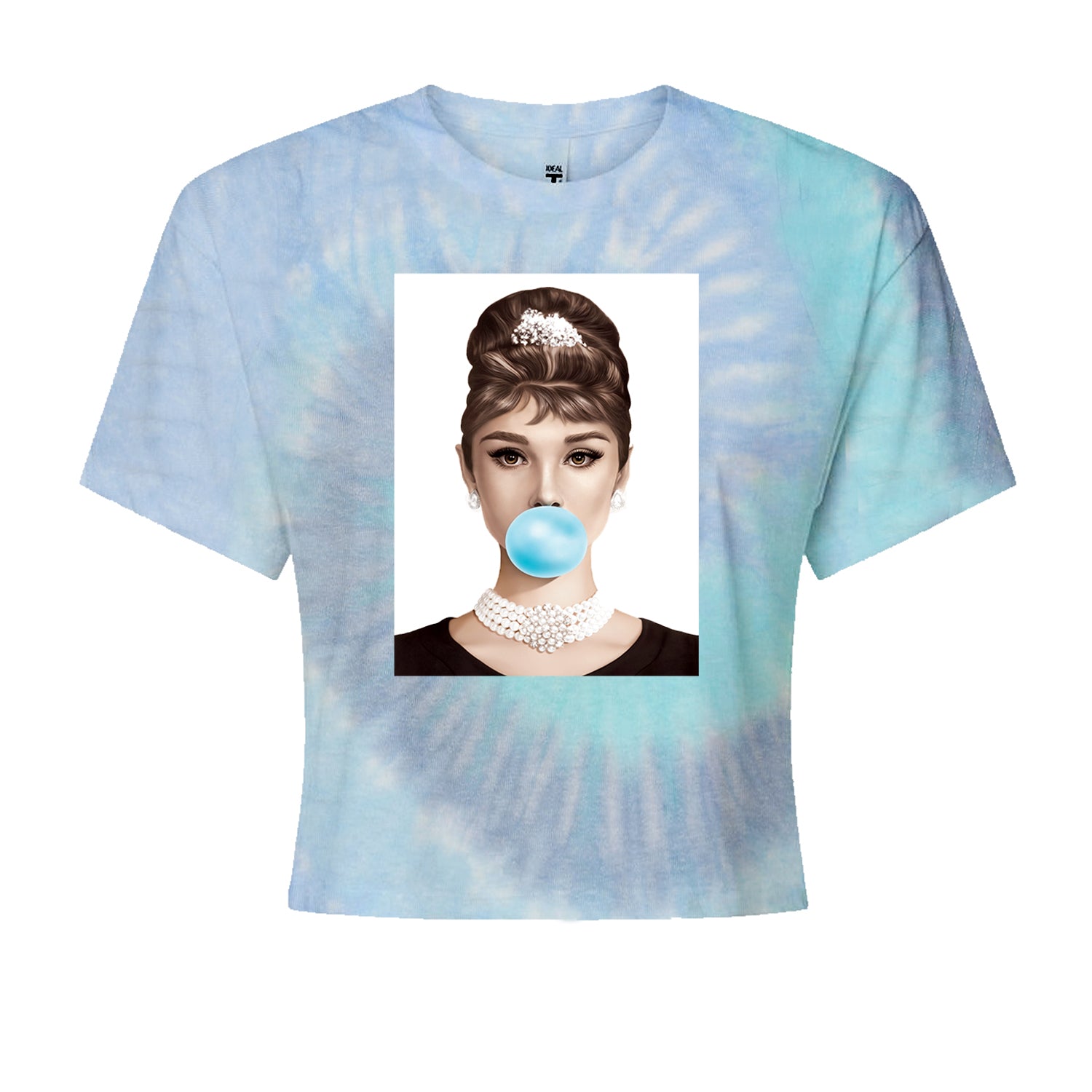 Audrey Hepburn Chewing Bubble Gum American Icon Cropped T-Shirt Blue Clouds