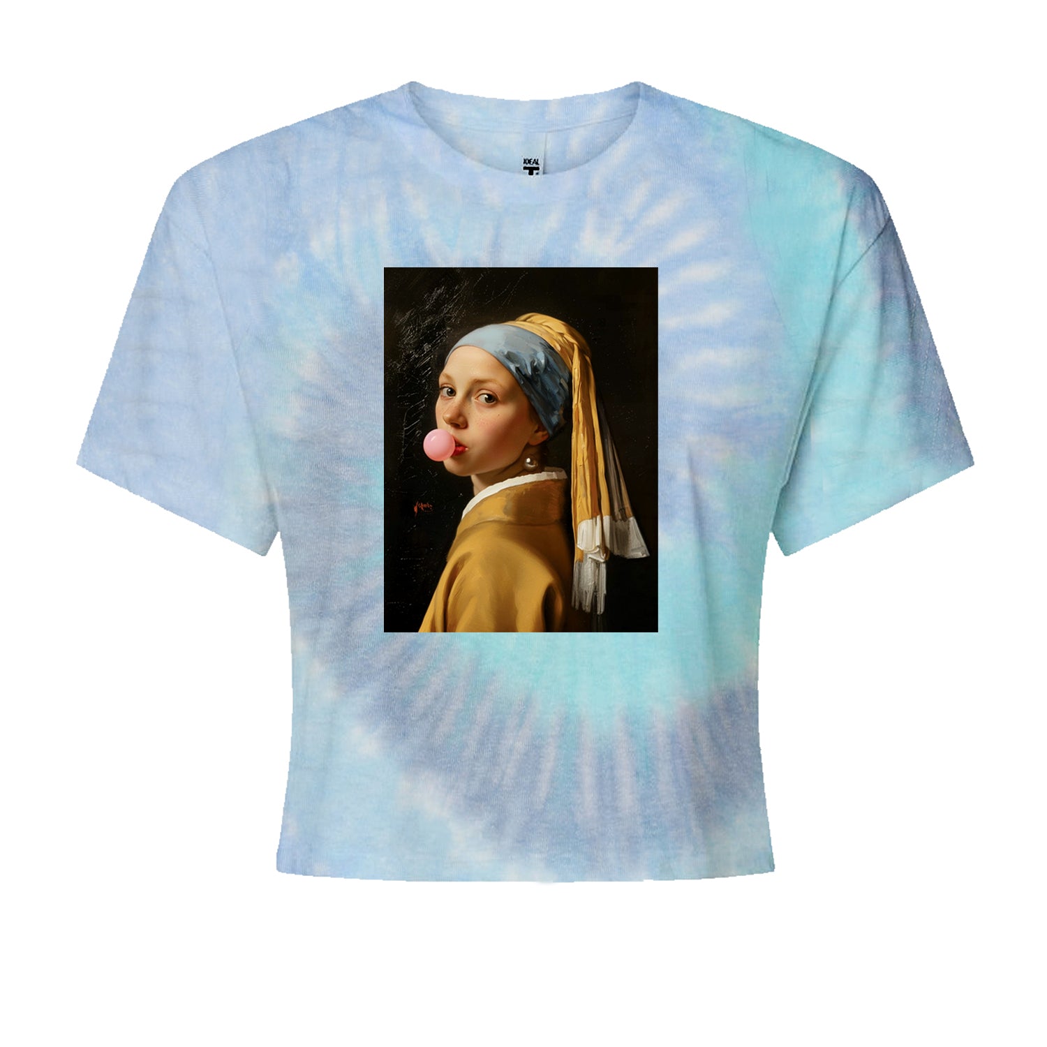 Girl with a Pearl Earring Bubble Gum Contemporary Art Cropped T-Shirt Blue Clouds