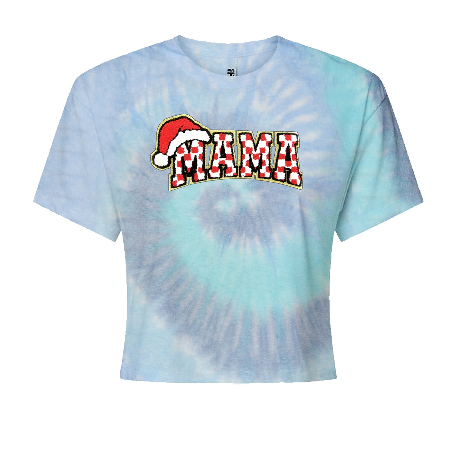 Mama Santa Hat Chenille PatchCropped T-Shirt Blue Clouds