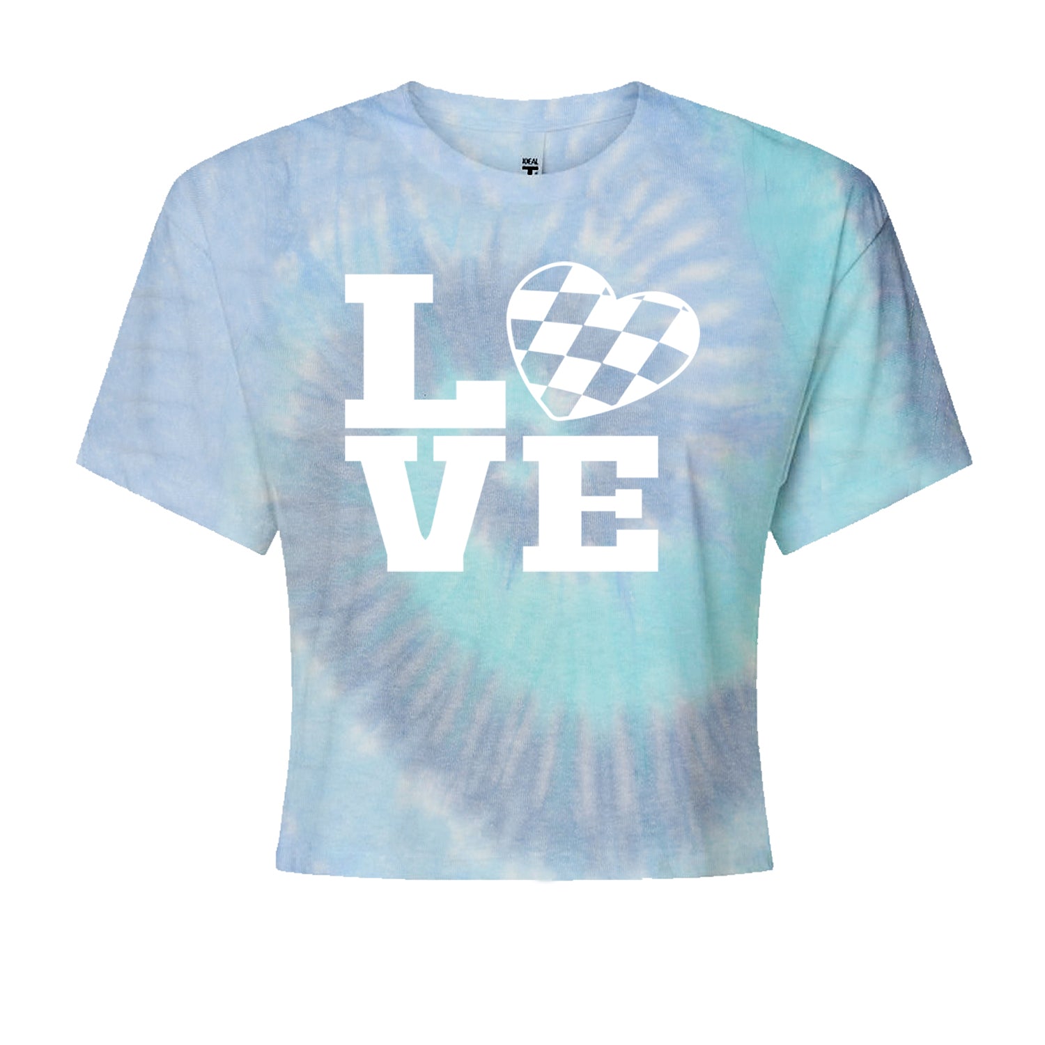 Love Racing Checkered Flag Heart Cropped T-Shirt Blue Clouds