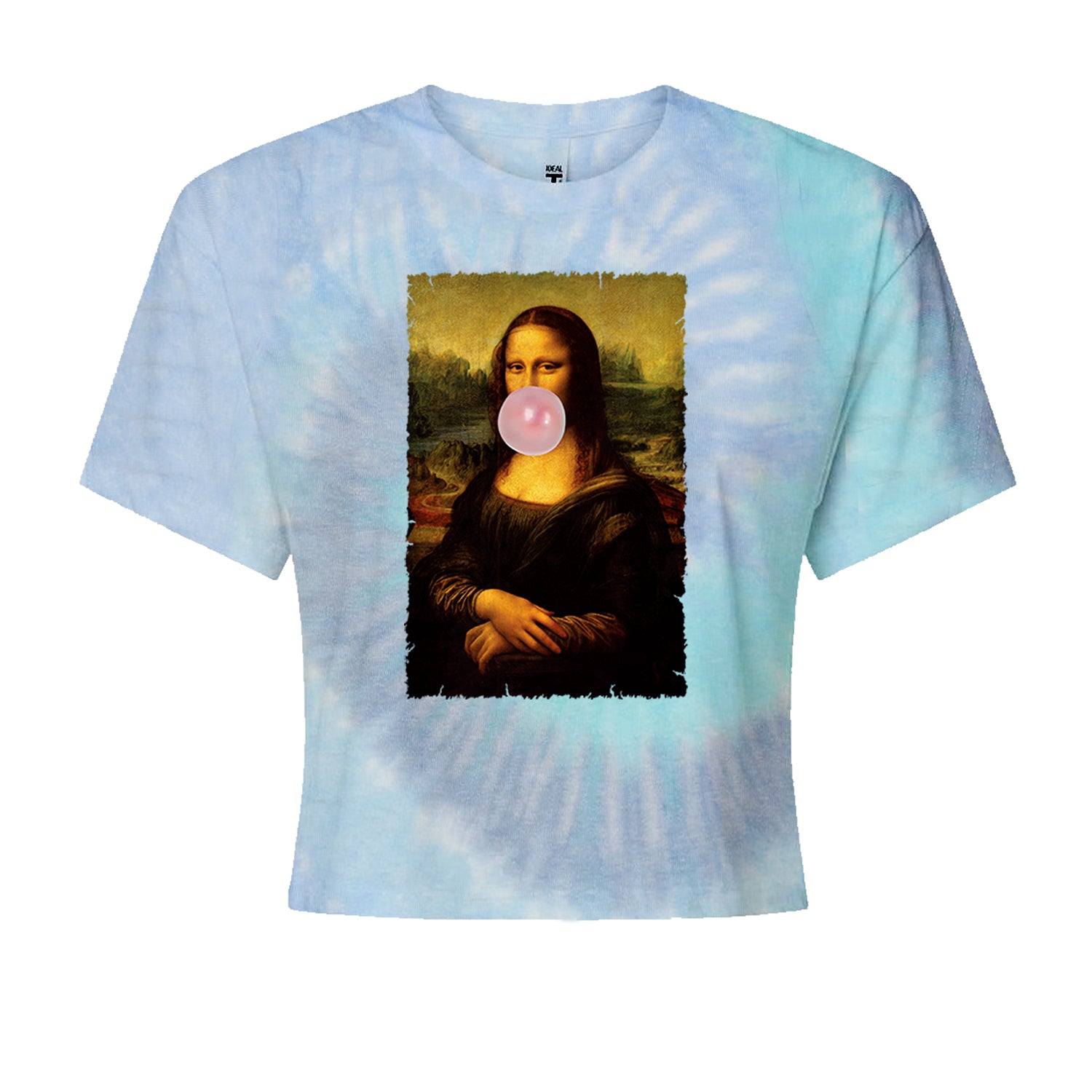 Mona Lisa Smile Pink Bubble Gum Da Vinci Icon Cropped T-Shirt Blue Clouds