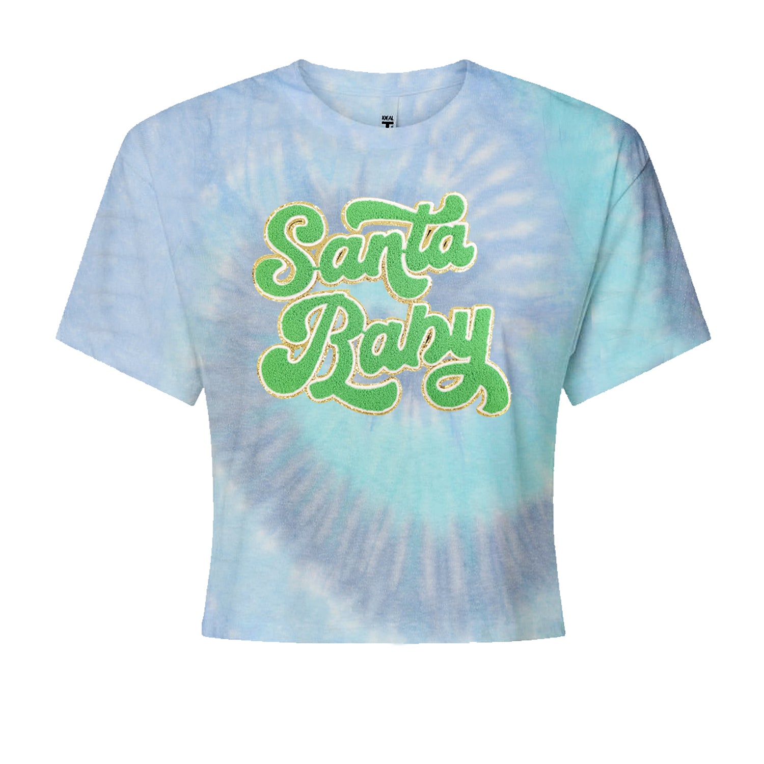 Green Santa Baby Chenille PatchCropped T-Shirt Blue Clouds