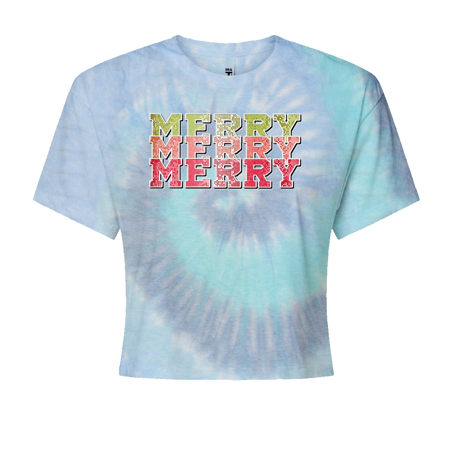 Merry Merry Merry Faux SequinsCropped T-Shirt Blue Clouds