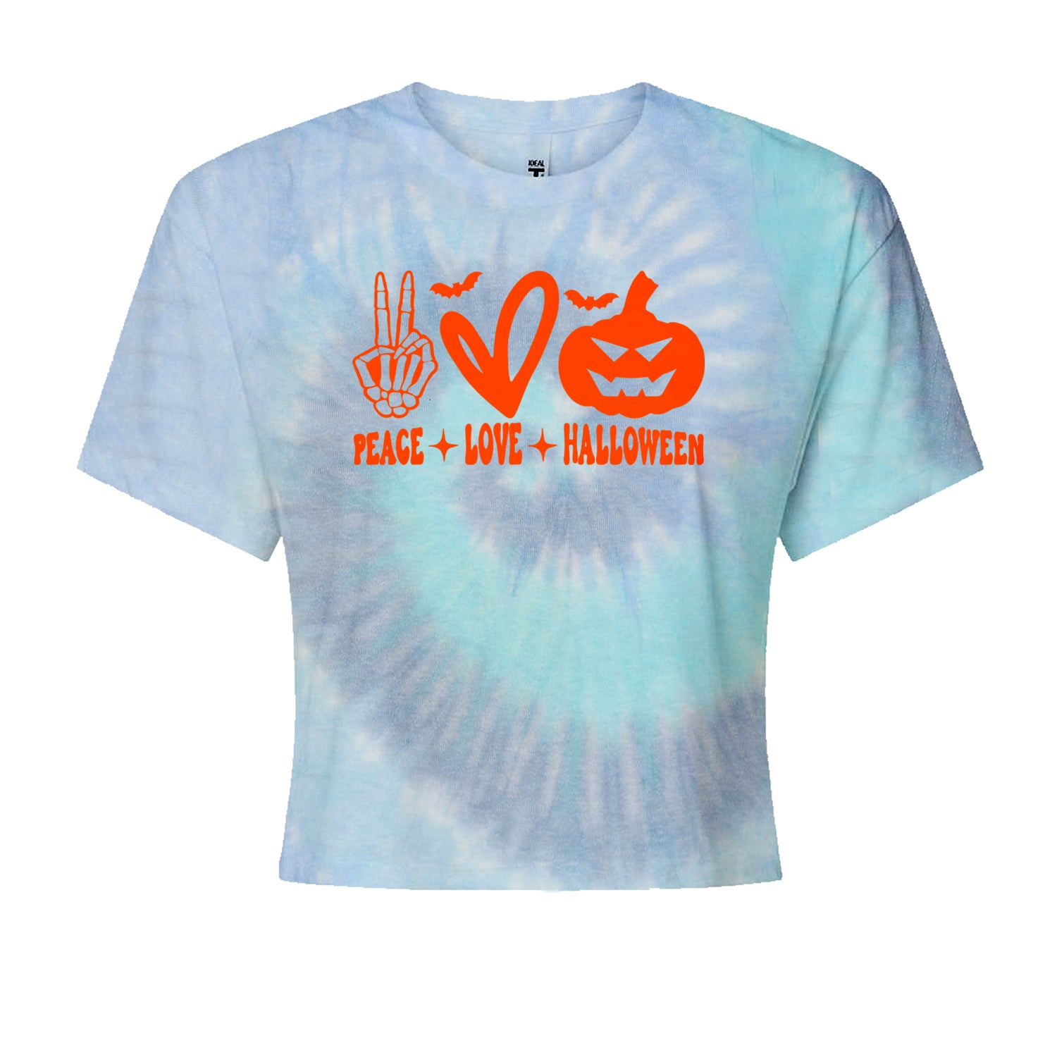 Peace, Love and Halloween Cropped T-Shirt Blue Clouds