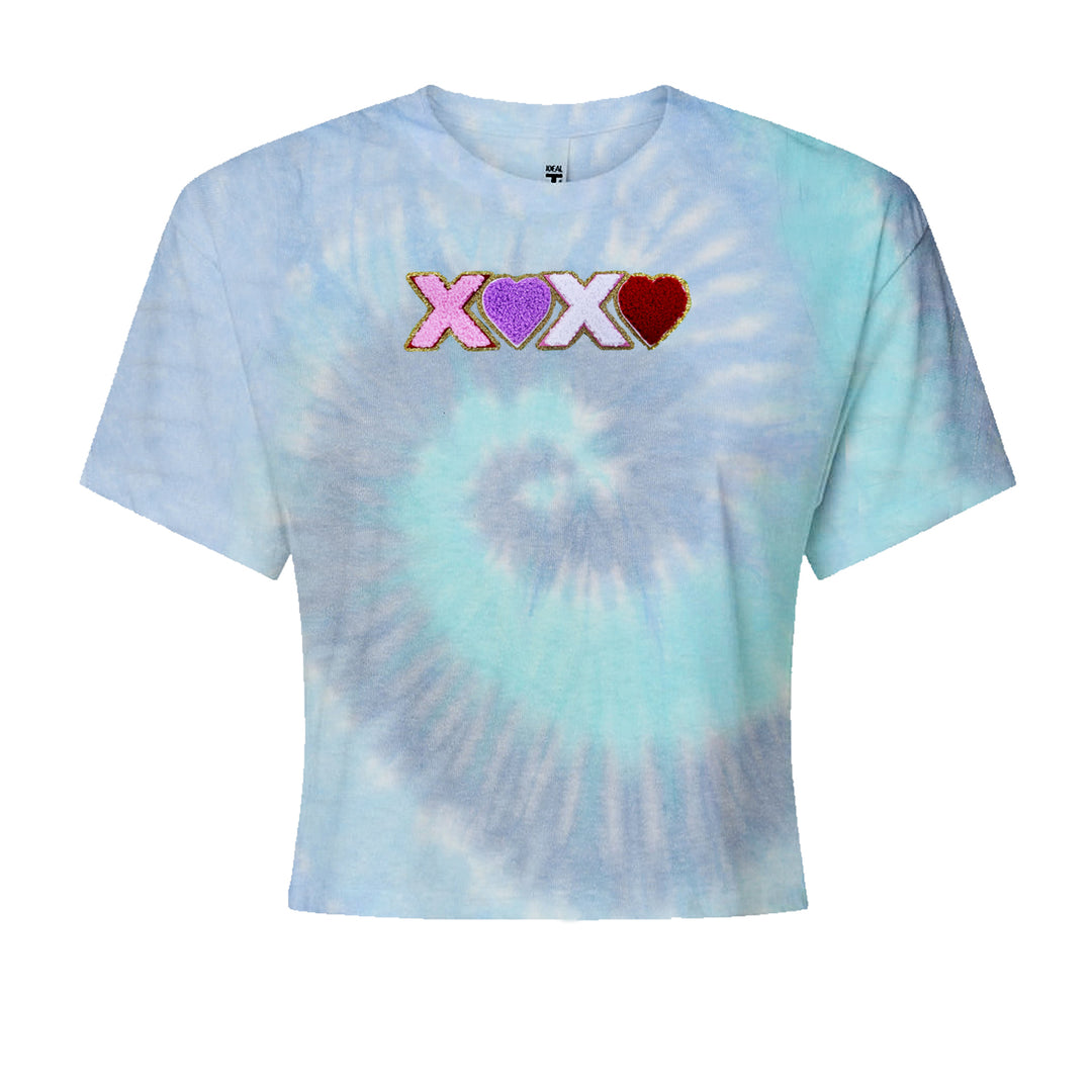 XOXO Chenille Patch Valentines DaysCropped T-Shirt Blue Clouds