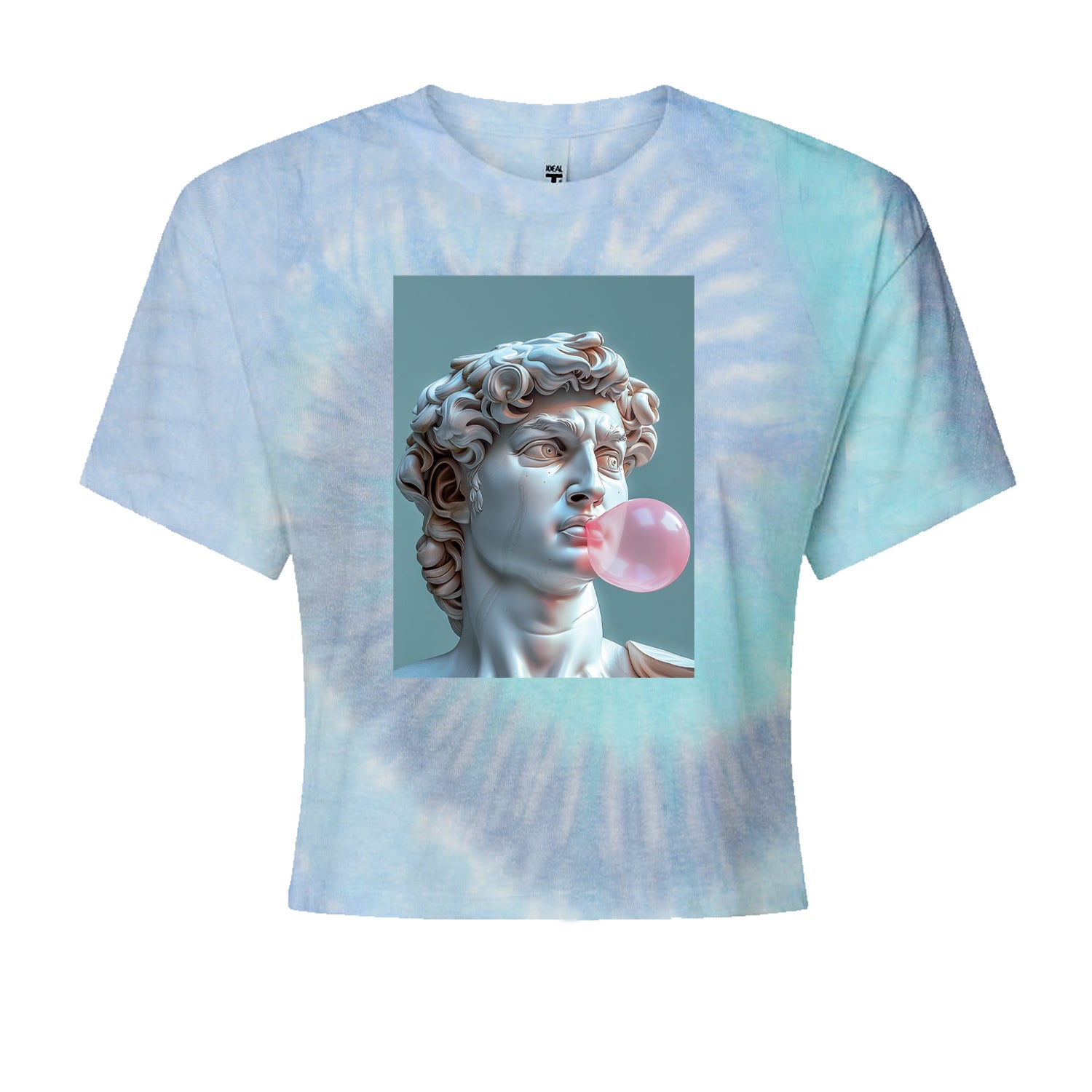 Michelangelo's David with Bubble Gum Contemporary Statue Art Cropped T-Shirt Blue Clouds