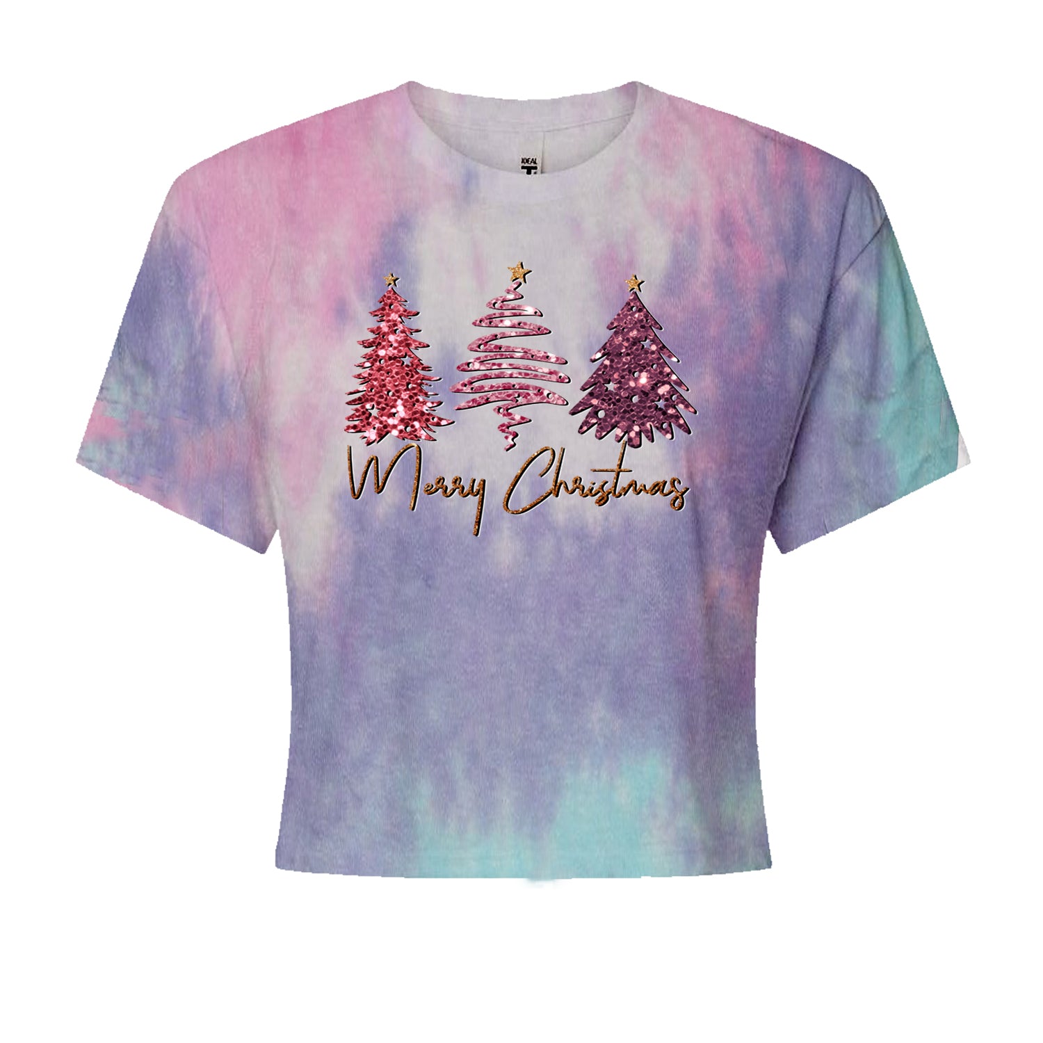 Merry Christmas Faux Glitter TreesCropped T-Shirt Cotton Candy