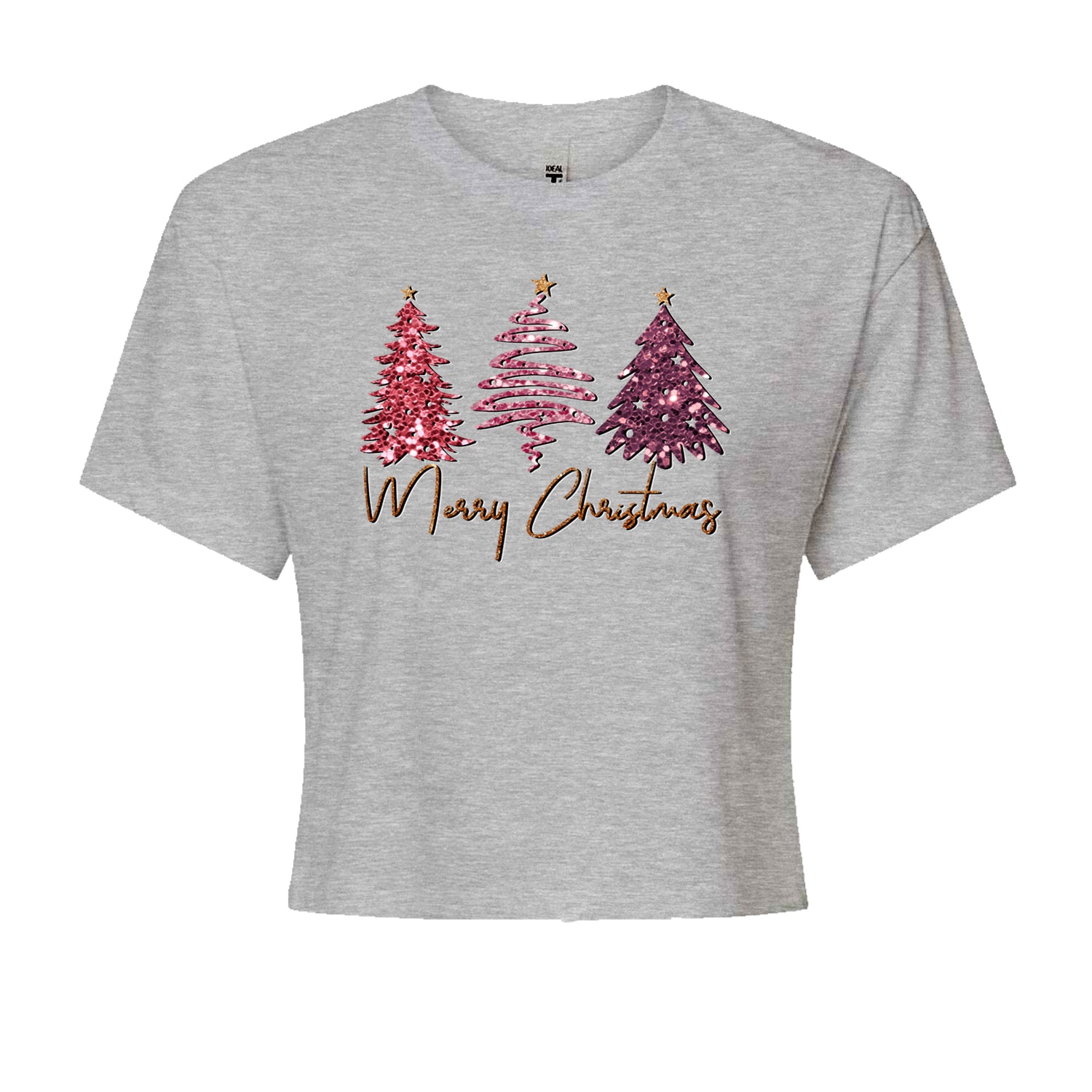 Merry Christmas Faux Glitter TreesCropped T-Shirt Heather Grey