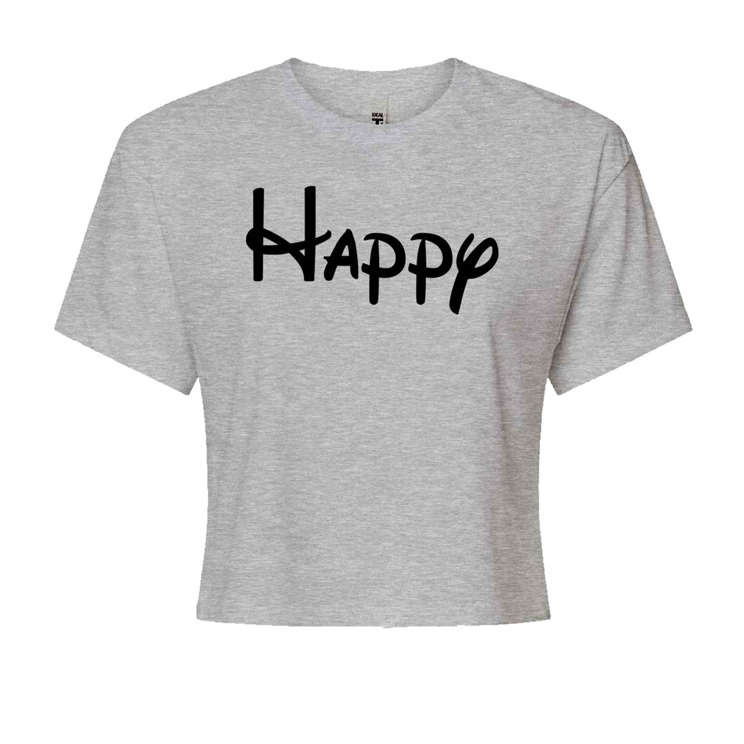 Happy word in bold playful lettering on a bright yellow background, printed on a Women's Boxy Crop T-Shirt