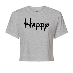 Happy word in bold playful lettering on a bright yellow background, printed on a Women's Boxy Crop T-Shirt