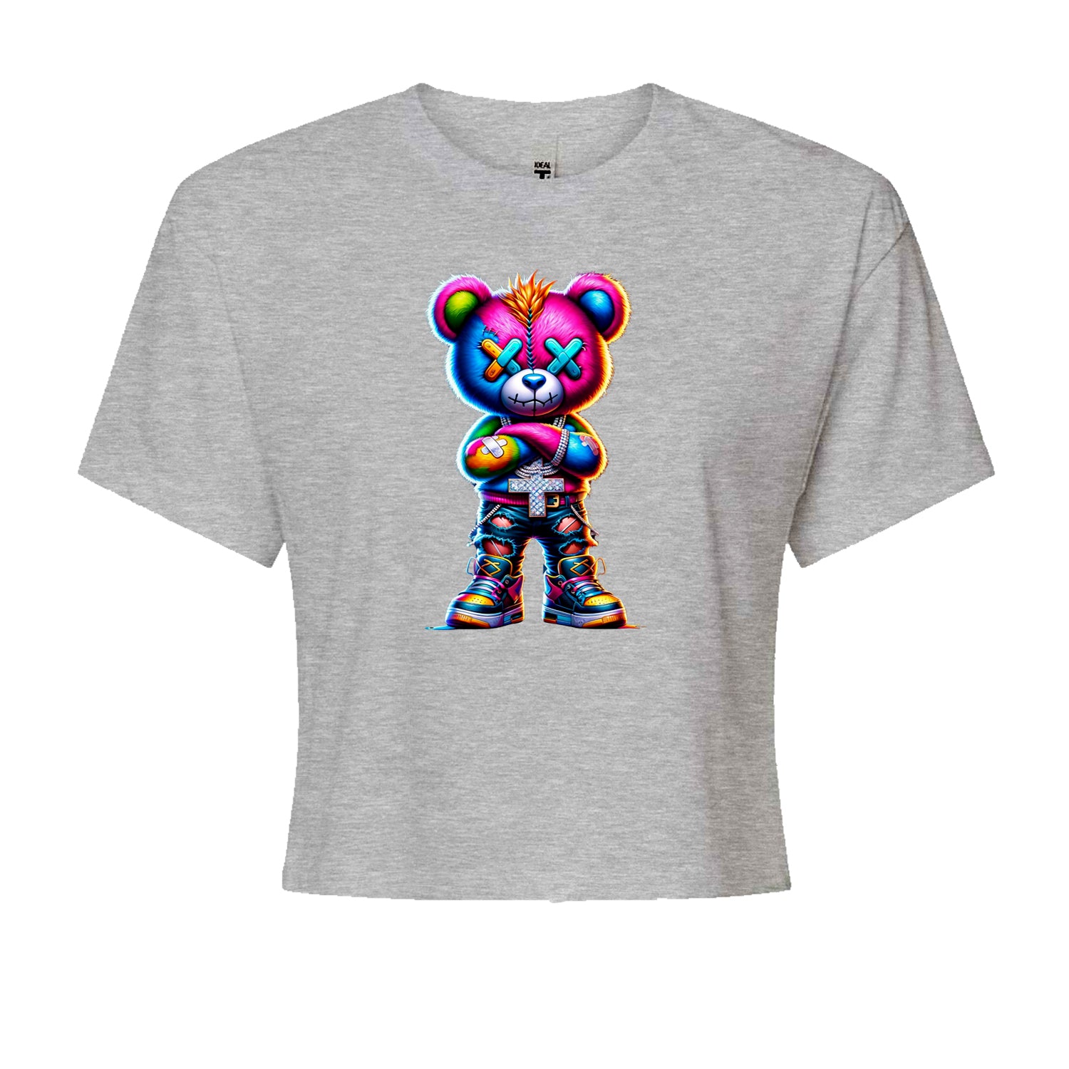 Stitched Neon Urban Graffiti BearCropped T-Shirt Black