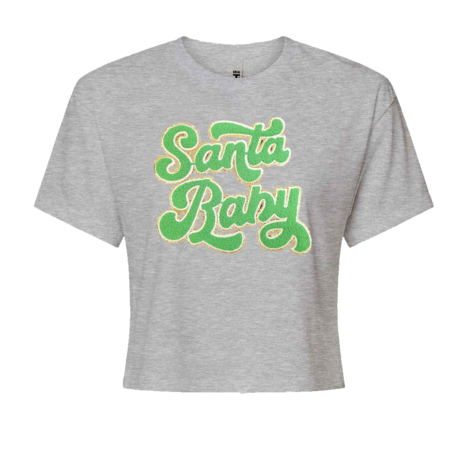 Green Santa Baby Chenille PatchCropped T-Shirt Heather Grey