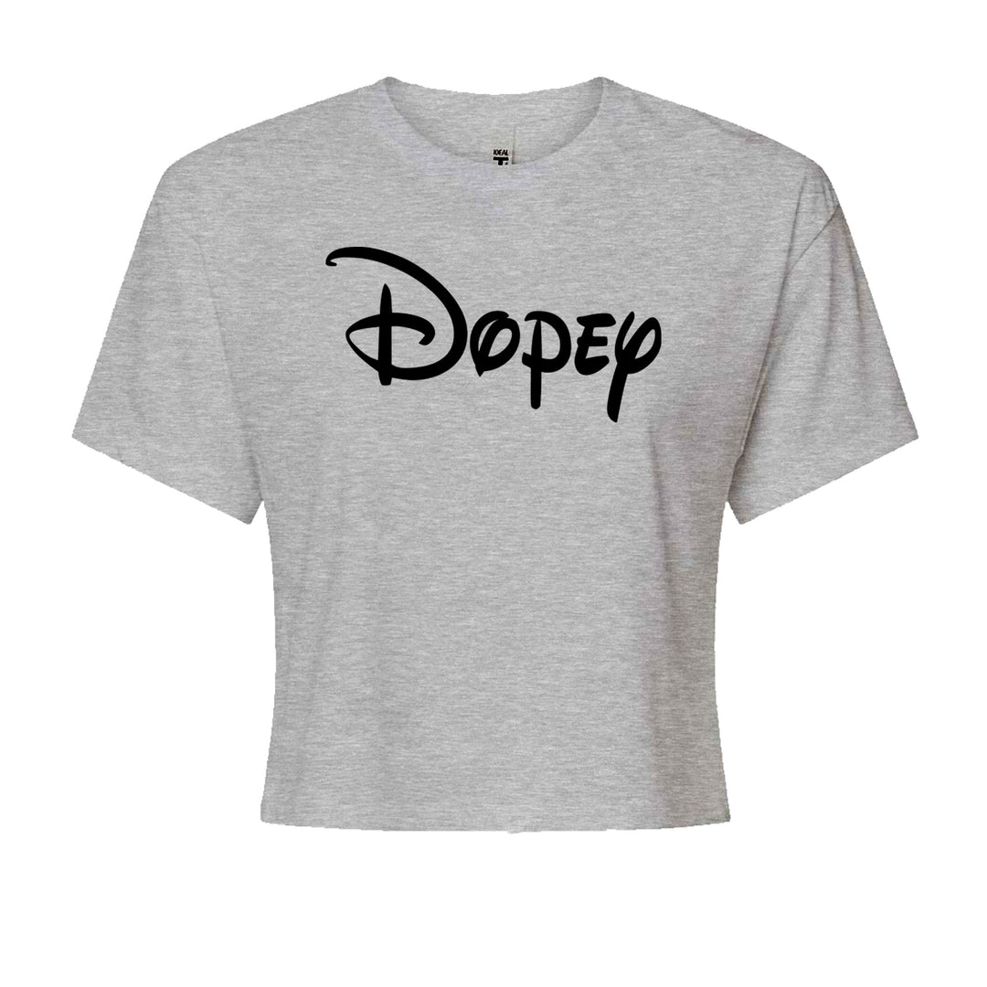 Dopey name-style text graphic printed on a Women's Boxy Crop T-Shirt with crew neck and short sleeves