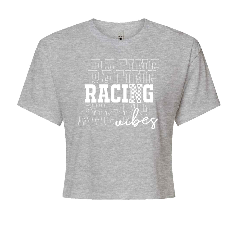 Racing Vibes graphic on Women's Boxy Crop T-Shirt in Heather Grey