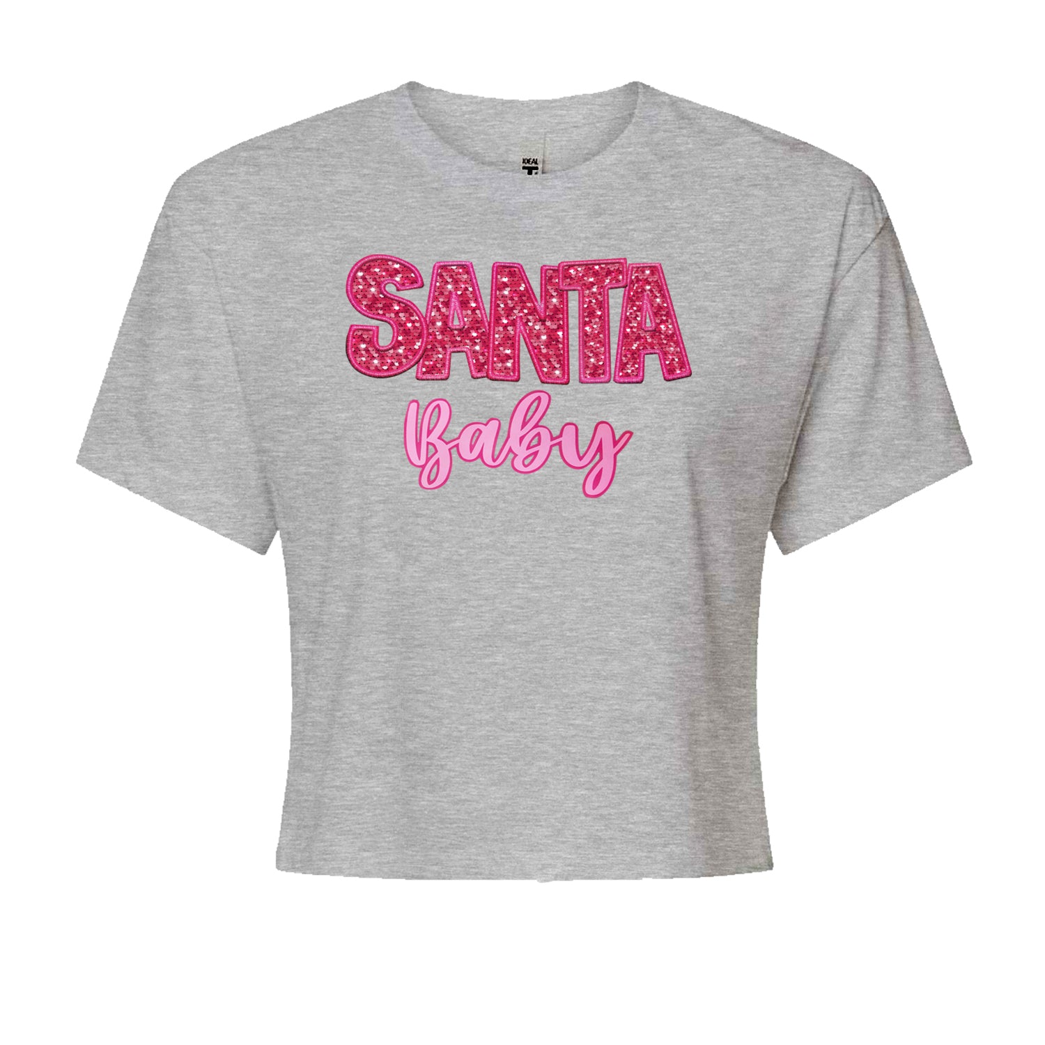 Santa Baby Faux Patch and SequinsCropped T-Shirt Heather Grey