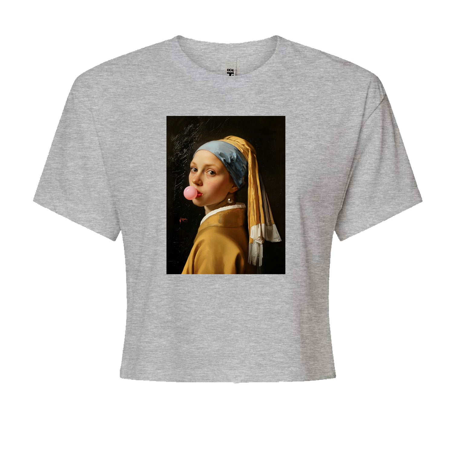 Girl with a Pearl Earring Bubble Gum Contemporary Art Cropped T-Shirt Heather Grey