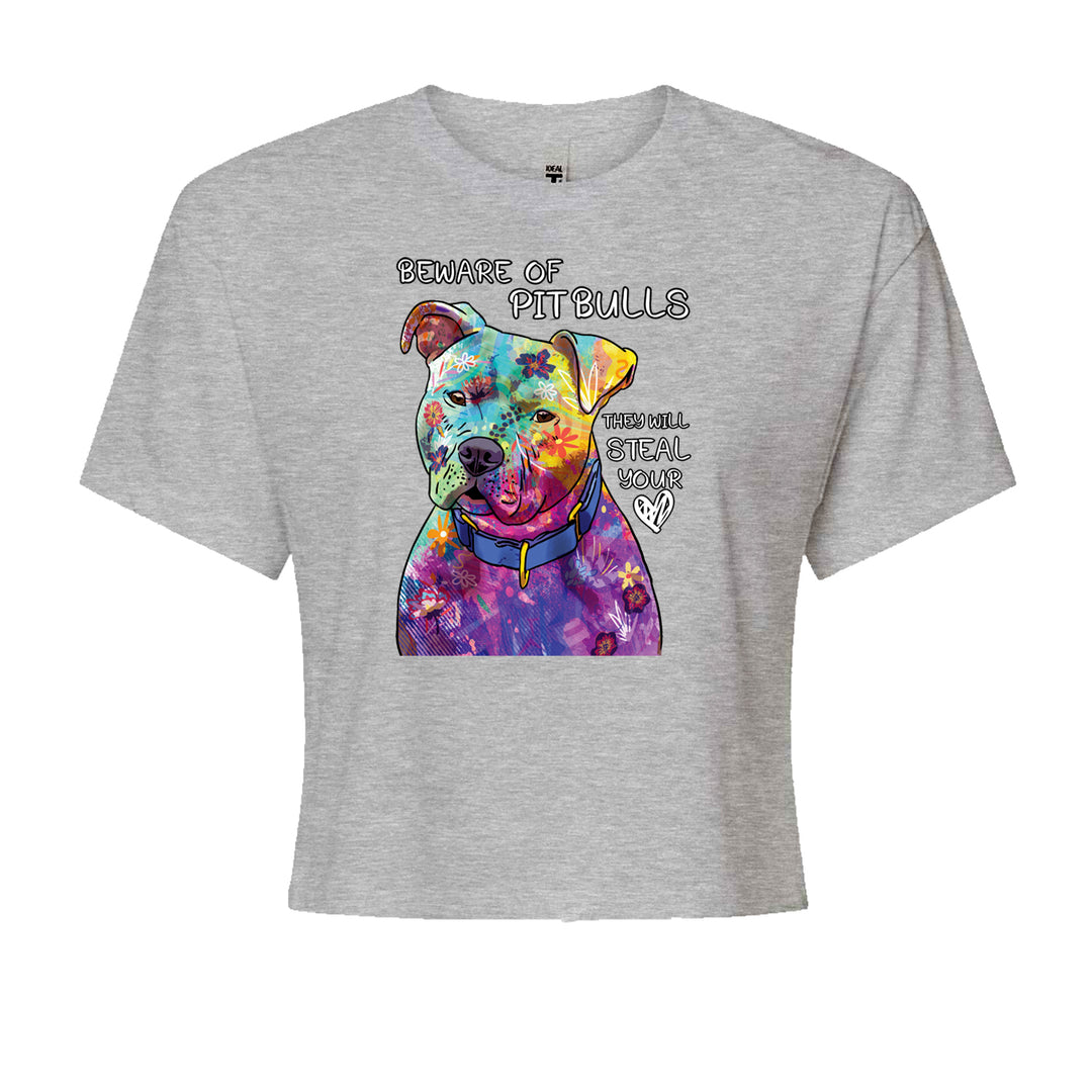 Beware Of Pit Bulls, They Will Steal Your Heart  Cropped T-Shirt Heather Grey