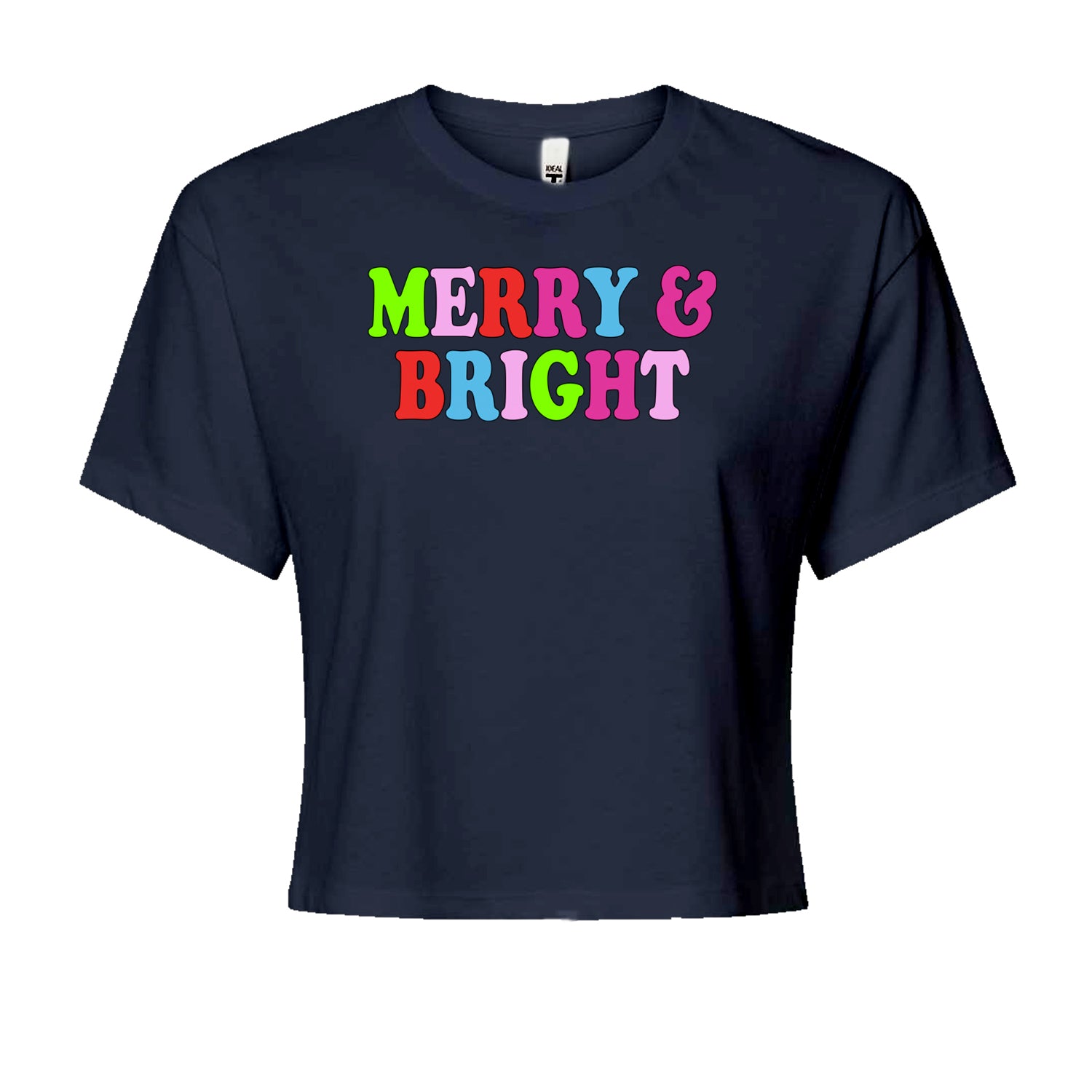 Merry and Bright Festive Christmas HolidayCropped T-Shirt Navy Blue