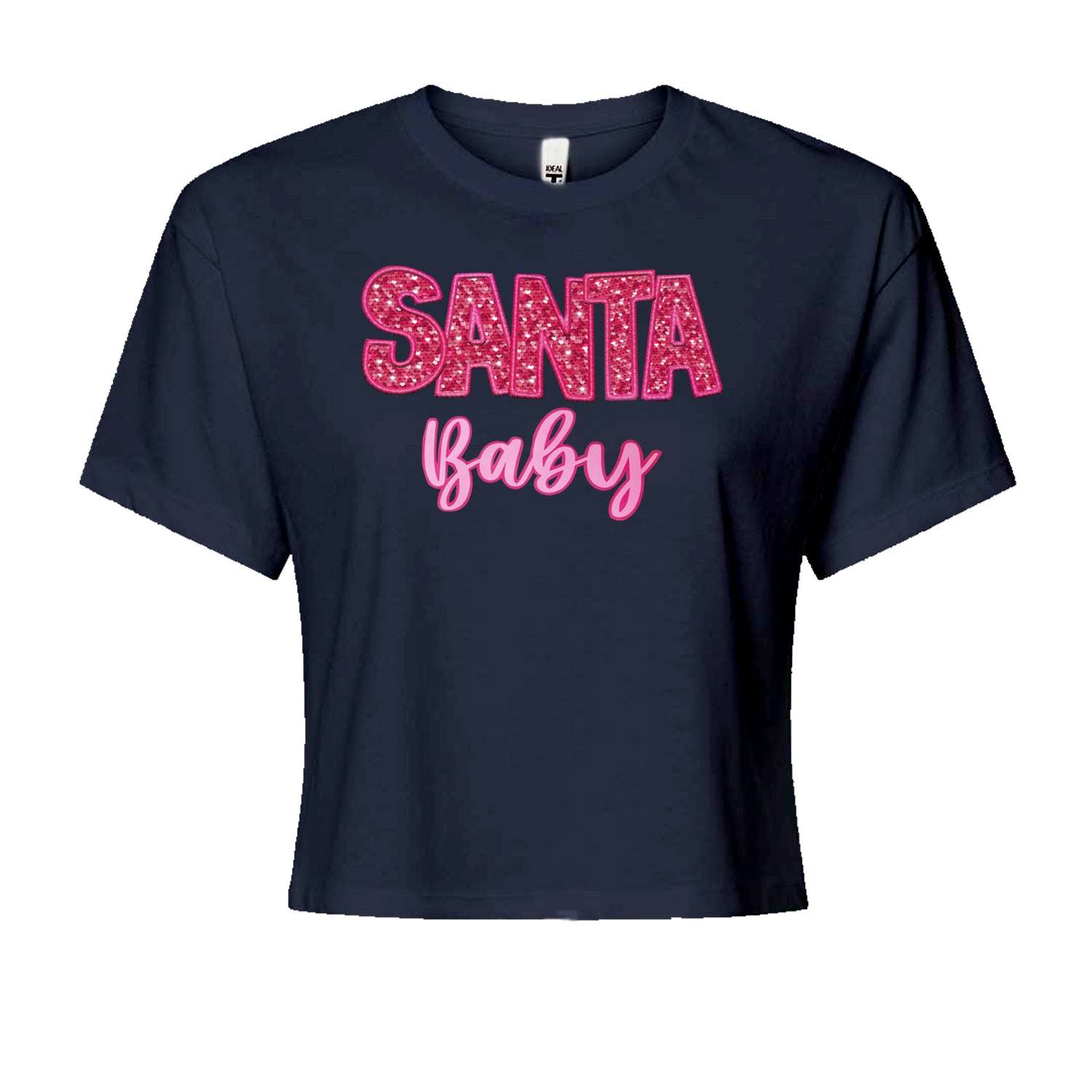 Santa Baby Faux Patch and SequinsCropped T-Shirt Navy Blue