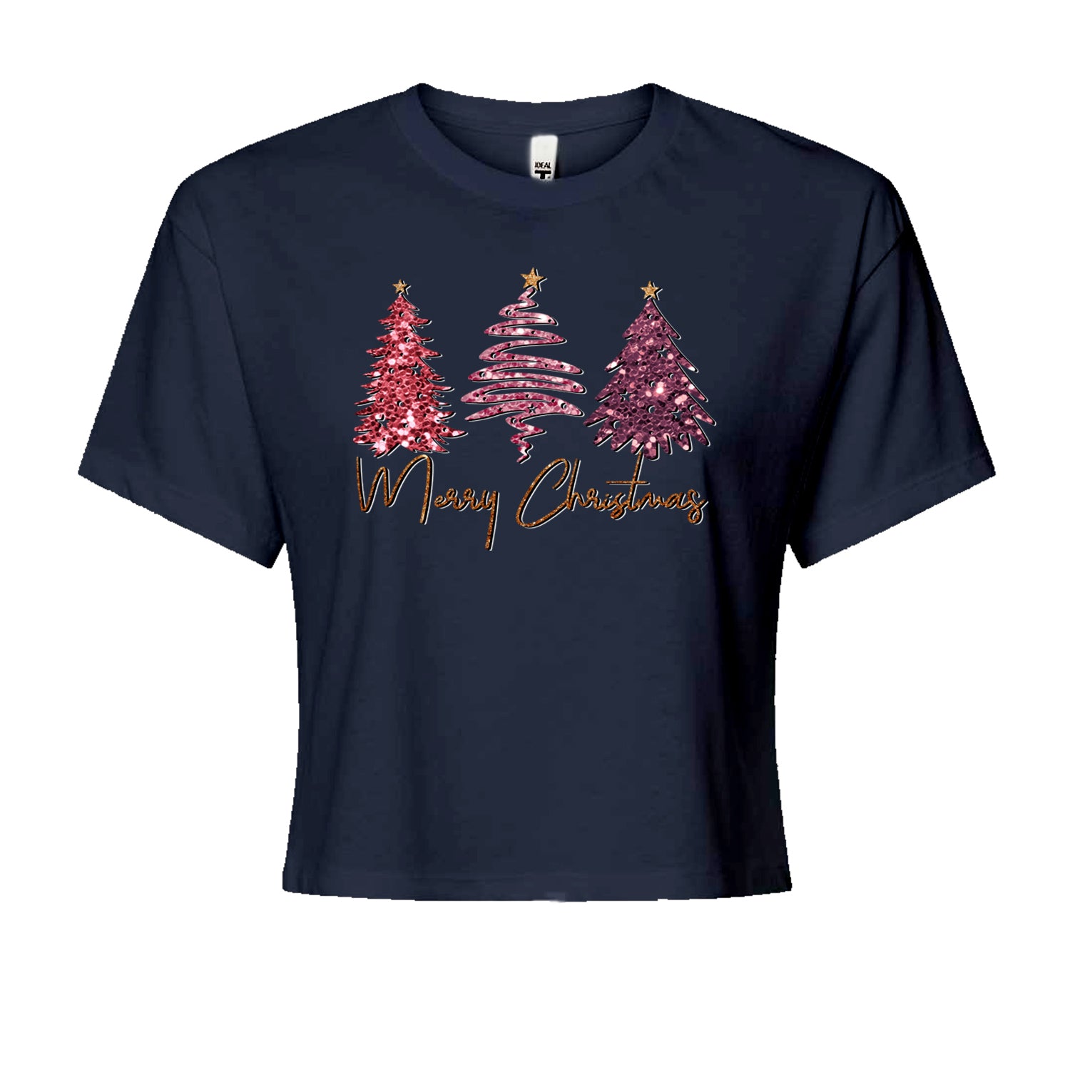 Merry Christmas Faux Glitter TreesCropped T-Shirt Navy Blue