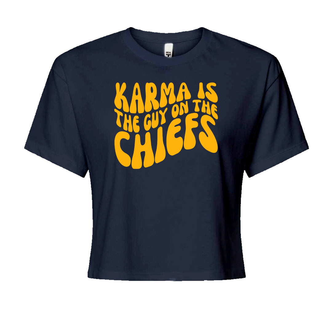 Chunky wavy yellow lettering on red football-humor graphic on a Women's Boxy Crop T-Shirt