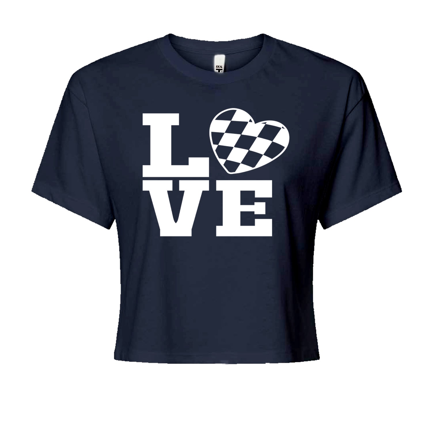 Love Racing Checkered Flag Heart Cropped T-Shirt Navy Blue