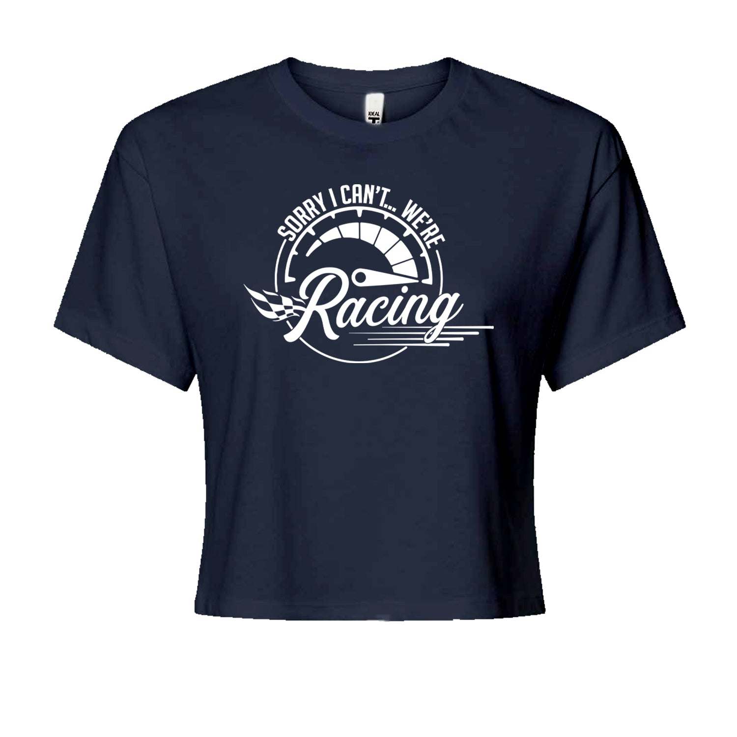 Sorry I Can't, We're Racing Cropped T-Shirt Navy Blue