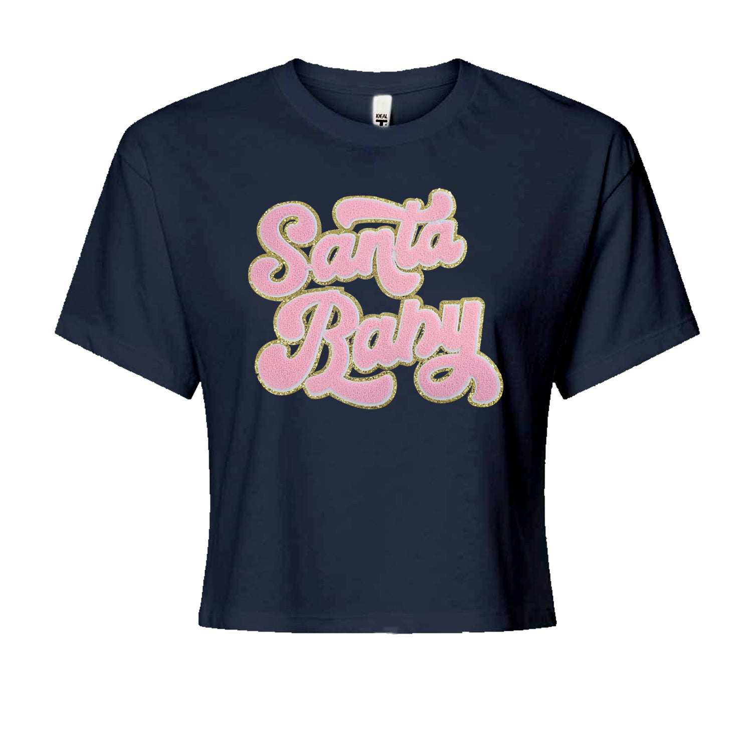 Pink Santa Baby Chenille PatchCropped T-Shirt Navy Blue