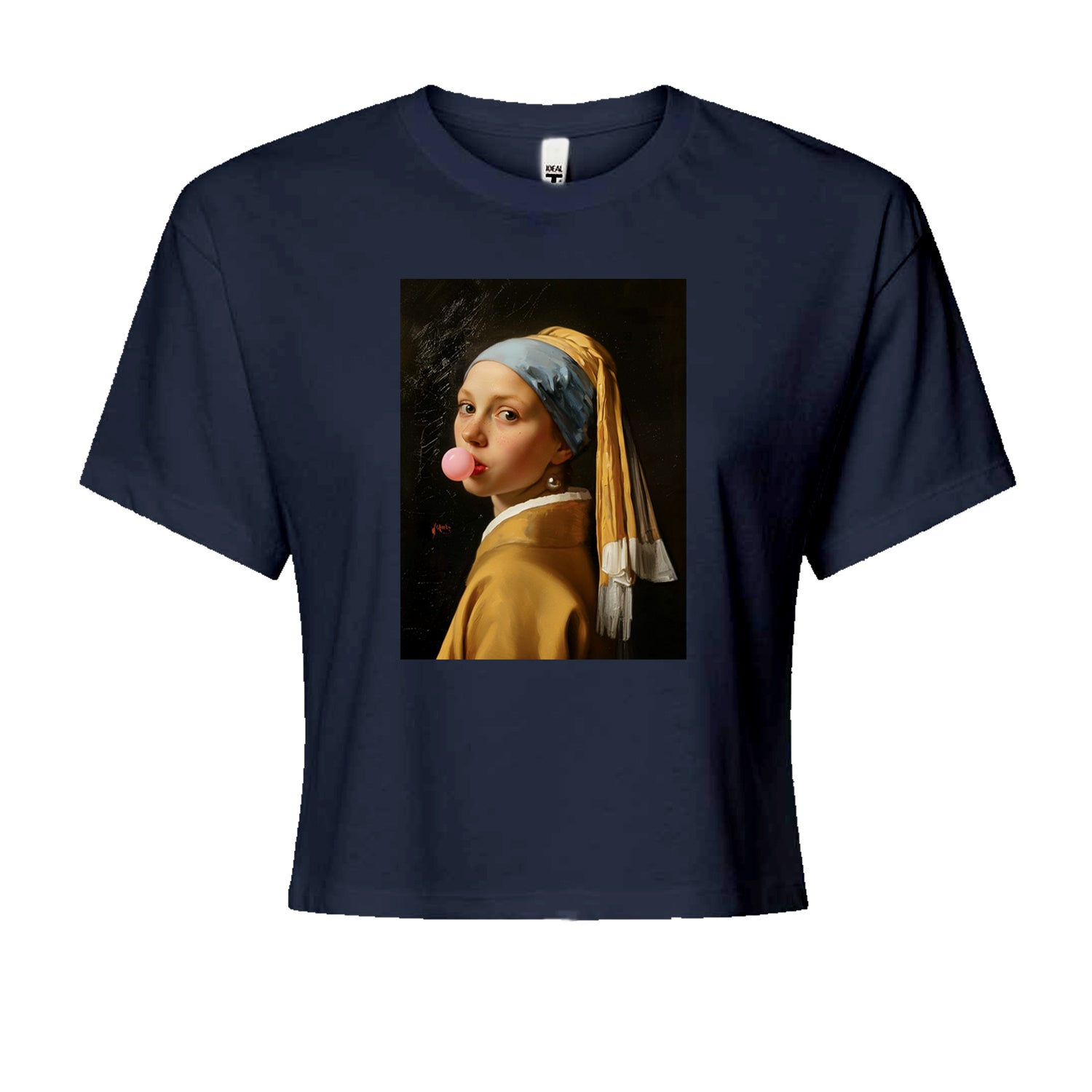 Girl with a Pearl Earring Bubble Gum Contemporary Art Cropped T-Shirt Navy Blue