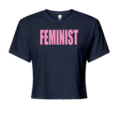 Feminist (Pink Print) Cropped T-Shirt Navy Blue