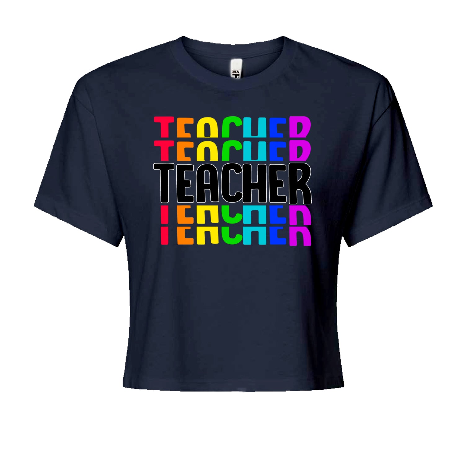 Teacher Repeated Rainbow PatternCropped T-Shirt Navy Blue