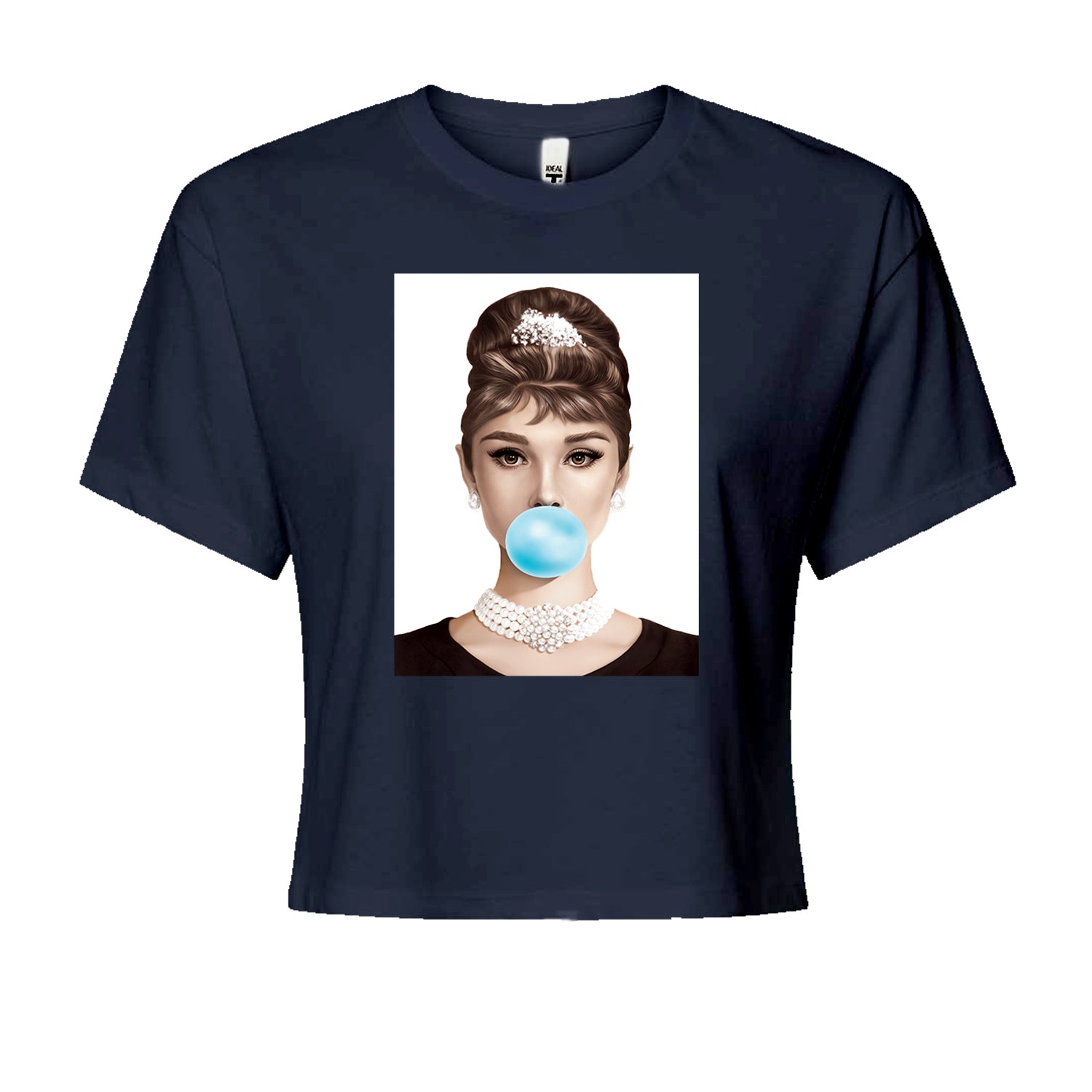 Audrey Hepburn Chewing Bubble Gum American Icon Cropped T-Shirt Navy Blue