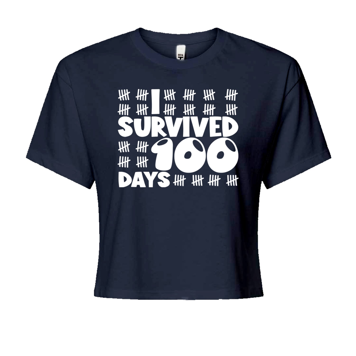 I Survived 100 Days Tally Marks Cropped T-Shirt Navy Blue