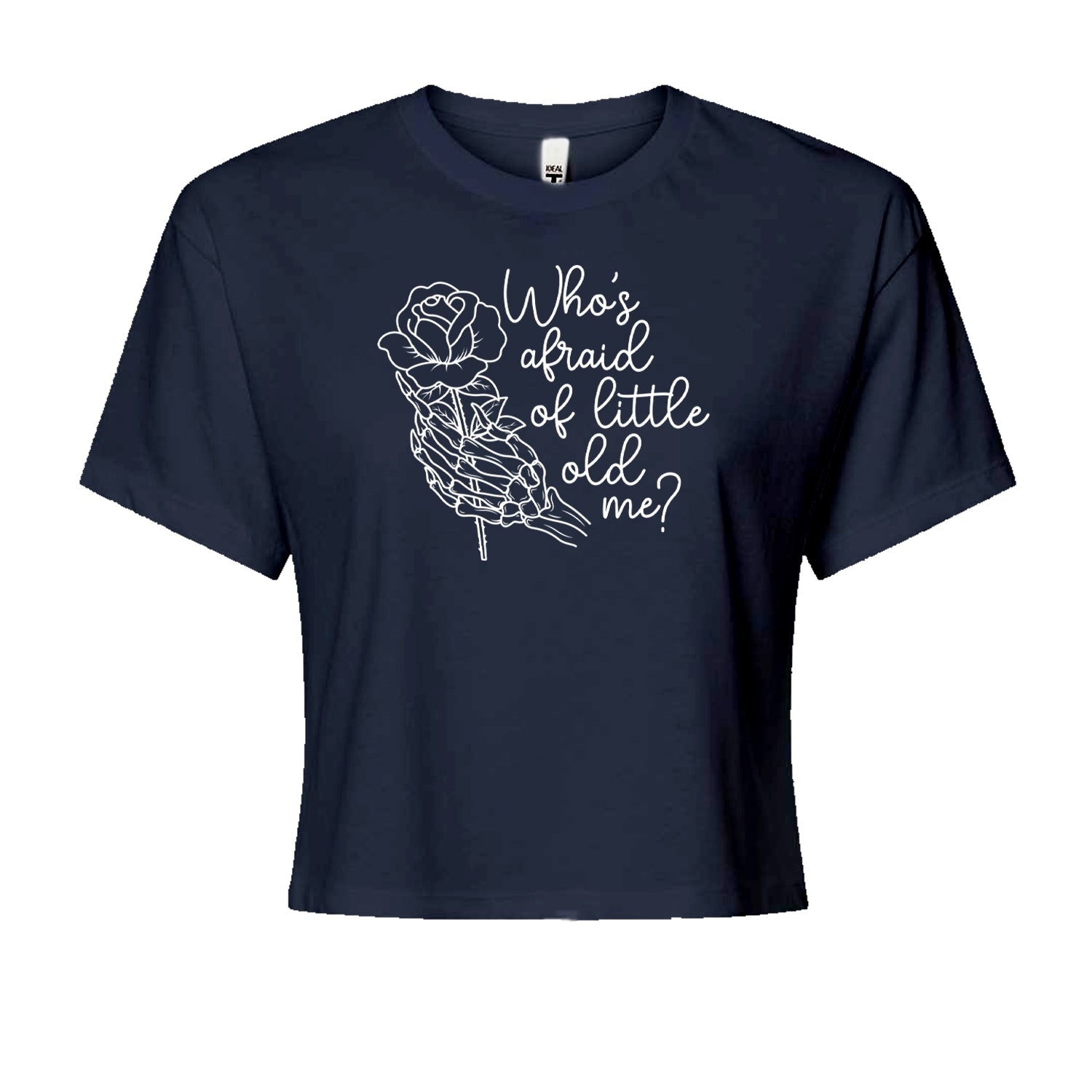 Who's Afraid Of Little Old Me Rose Skeleton Hand Cropped T-Shirt Navy Blue